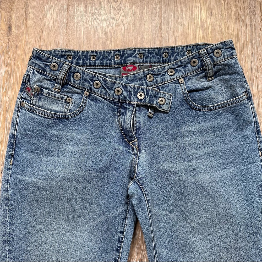 Vintage 90s Y2K Parasuco Jeans Light Blue Flare Asymmetrical Waistband - Size 32 - Picture 2 of 10